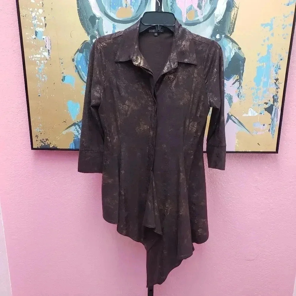 Boho Chic Brown and Gold Asymmetrical Button Front Top